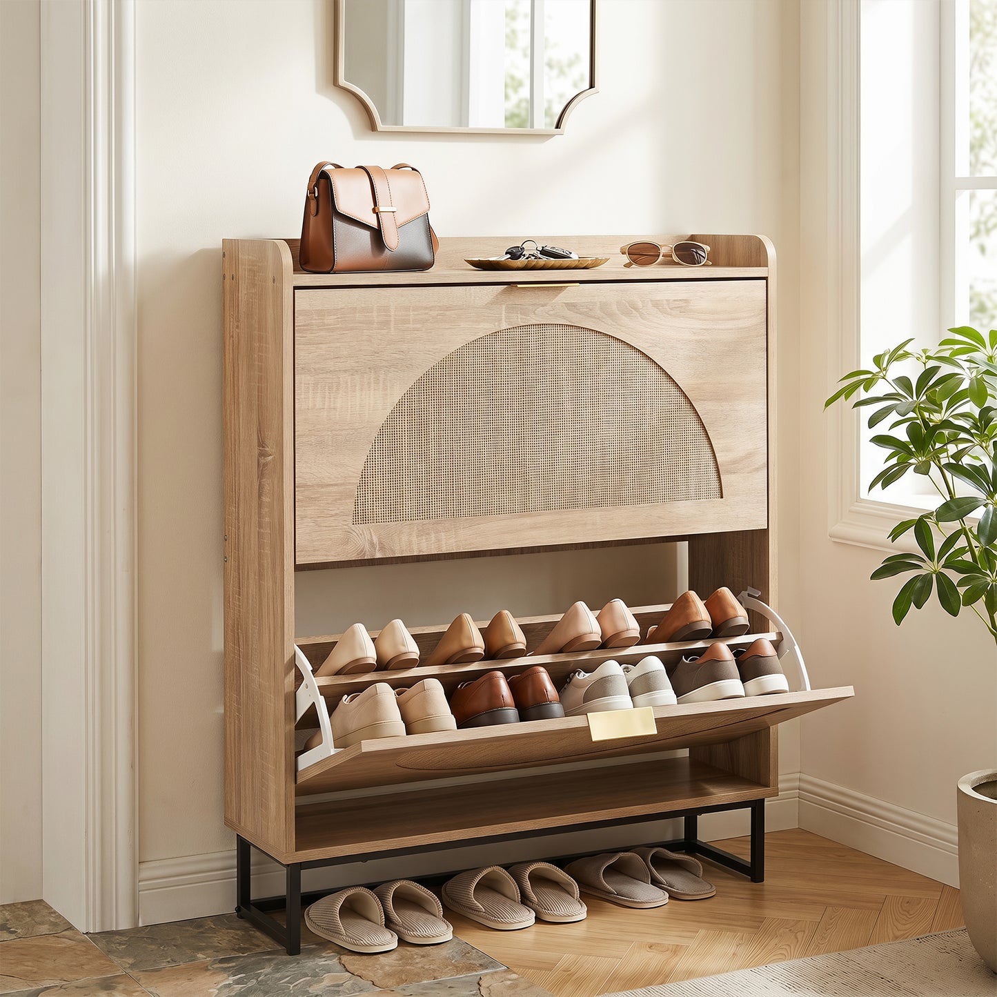 24 CM Narrow Shoe Storage Cabinet with 2 Flip Drawers-Natrual