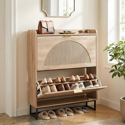 24 CM Narrow Shoe Storage Cabinet with 2 Flip Drawers-Natrual