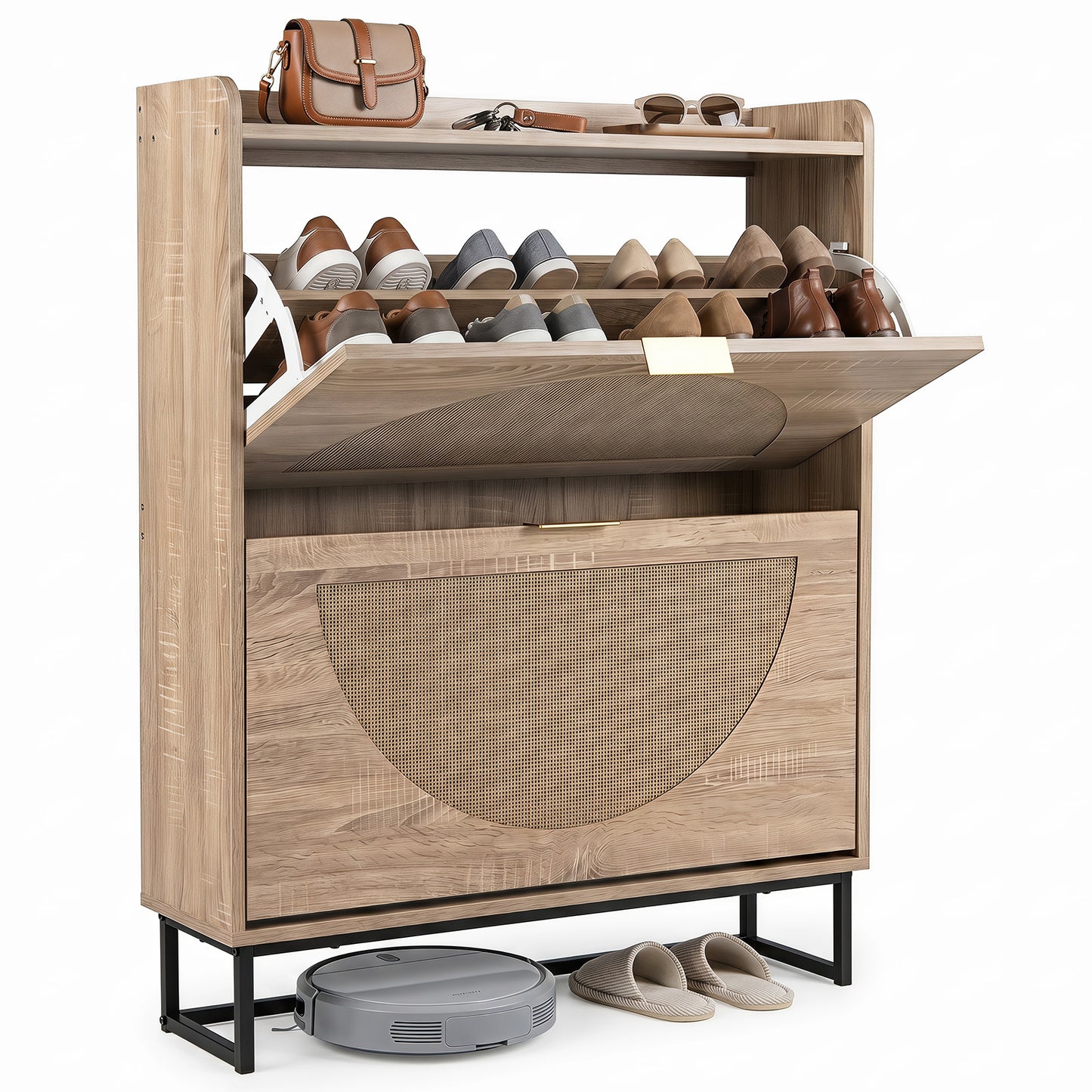 24 CM Narrow Shoe Storage Cabinet with 2 Flip Drawers-Natrual