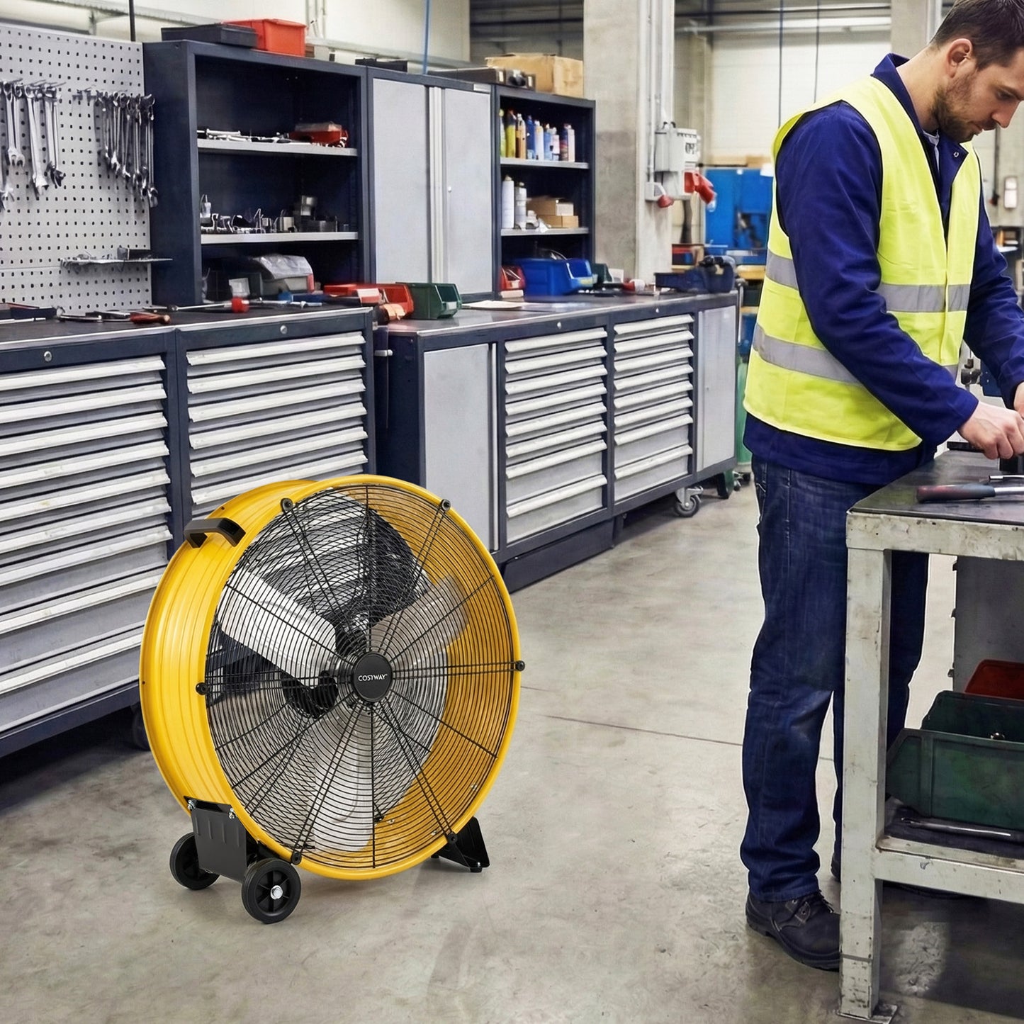 24 Inch High-Velocity Industrial Floor Fan with Wheels and Handle-Yellow