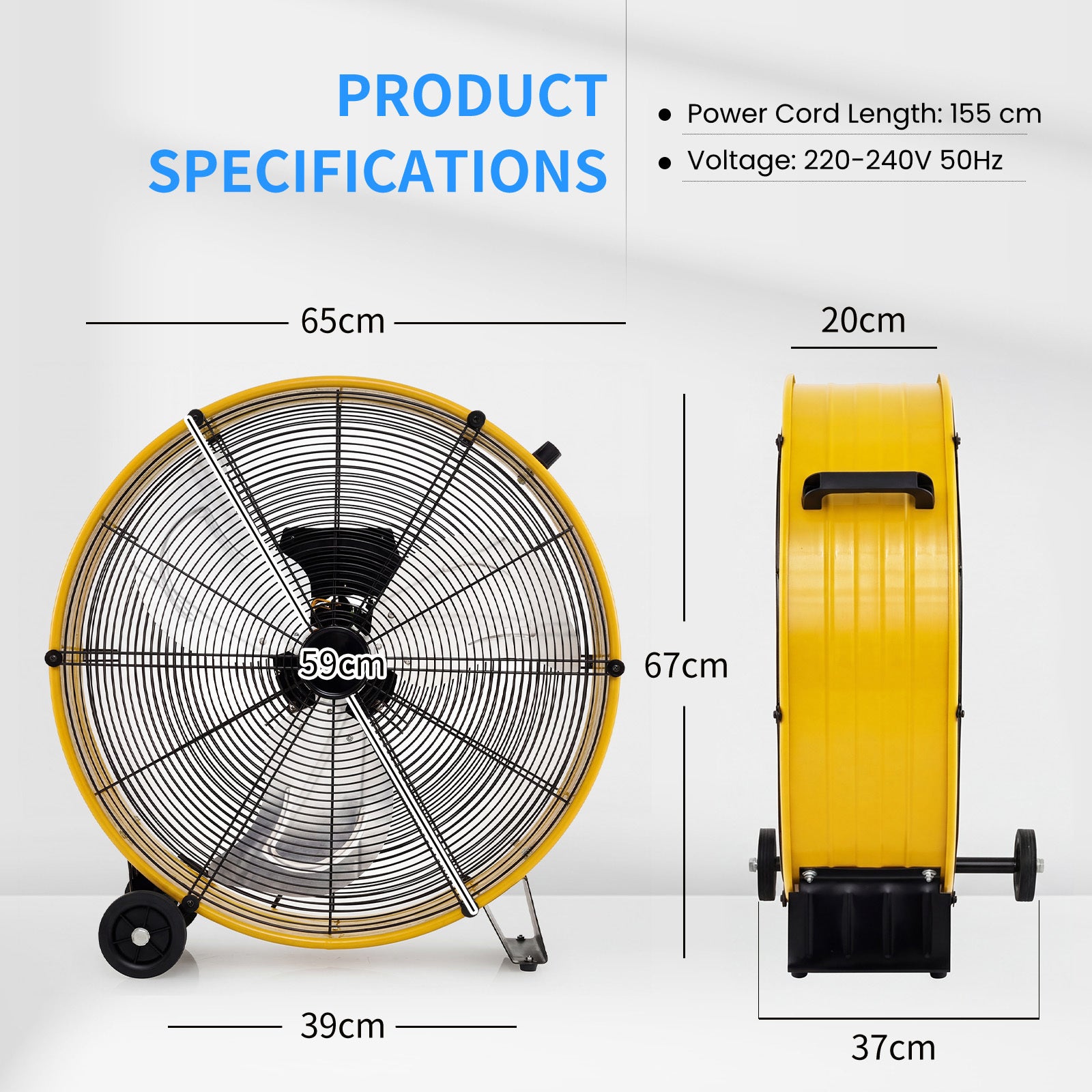 24 Inch High-Velocity Industrial Floor Fan with Wheels and Handle-Yellow