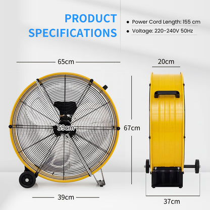 24 Inch High-Velocity Industrial Floor Fan with Wheels and Handle-Yellow