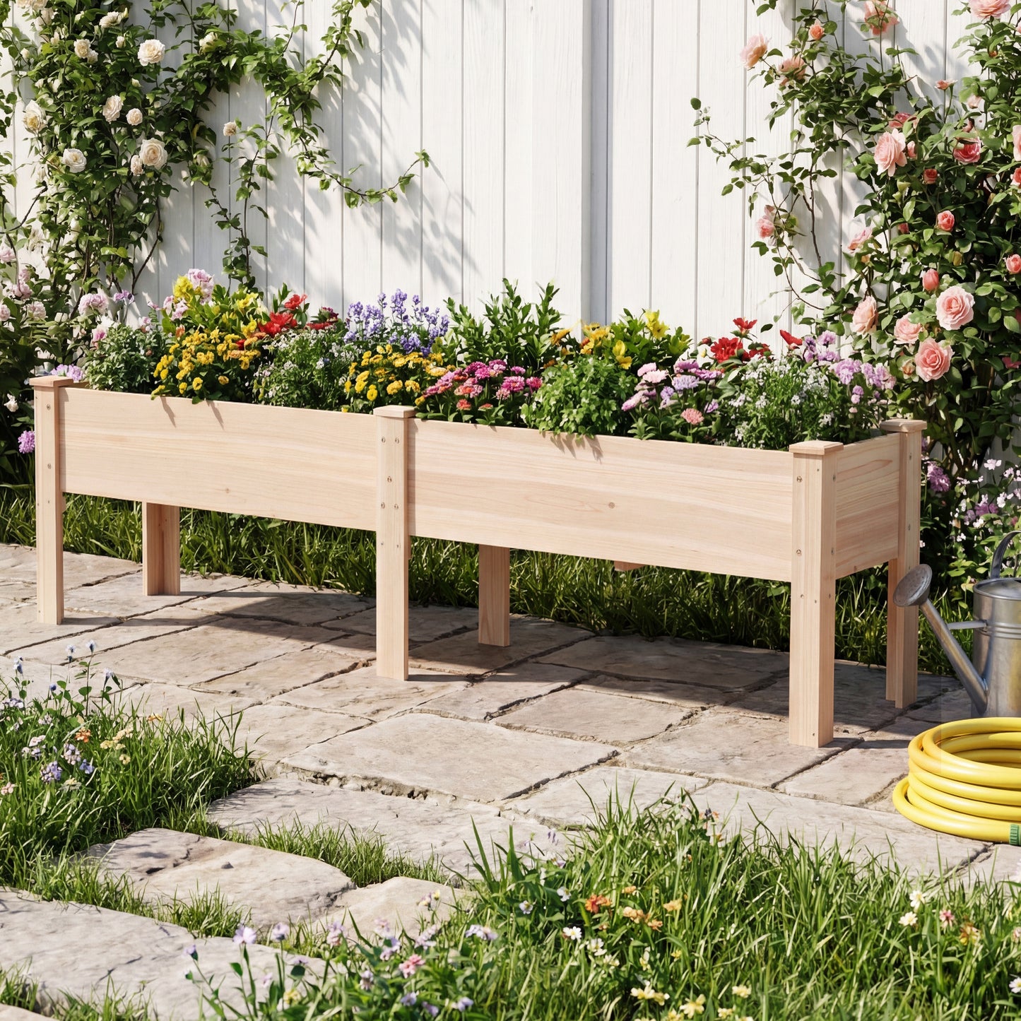240 x 43.5 CM Fir Wood Raised Garden Bed with Legs Elevated Planter Box with Drainage Holes-Natural