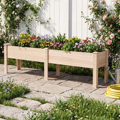 240 x 43.5 CM Fir Wood Raised Garden Bed with Legs Elevated Planter Box with Drainage Holes-Natural