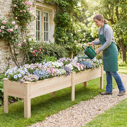240 x 43.5 CM Fir Wood Raised Garden Bed with Legs Elevated Planter Box with Drainage Holes-Natural