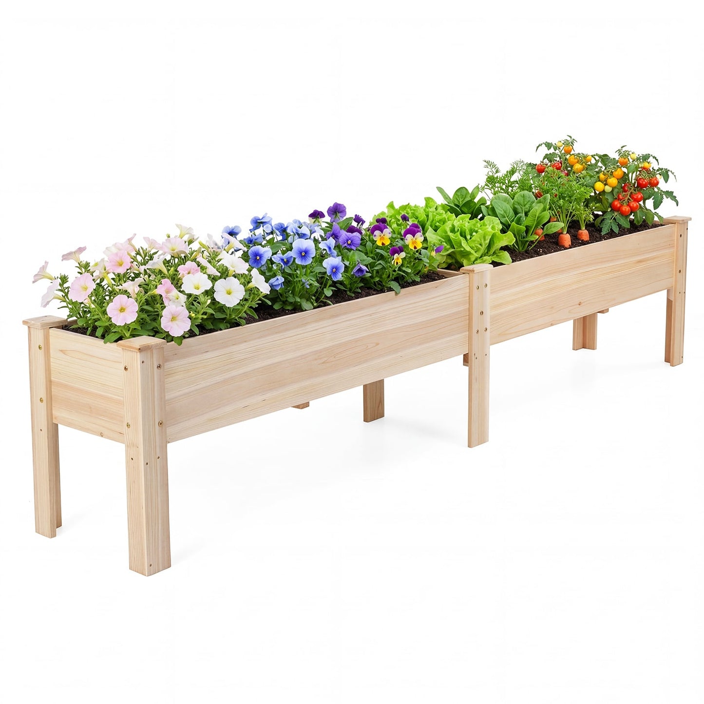 240 x 43.5 CM Fir Wood Raised Garden Bed with Legs Elevated Planter Box with Drainage Holes-Natural