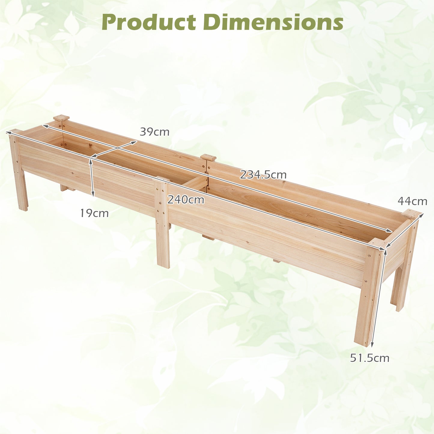 240 x 43.5 CM Fir Wood Raised Garden Bed with Legs Elevated Planter Box with Drainage Holes-Natural