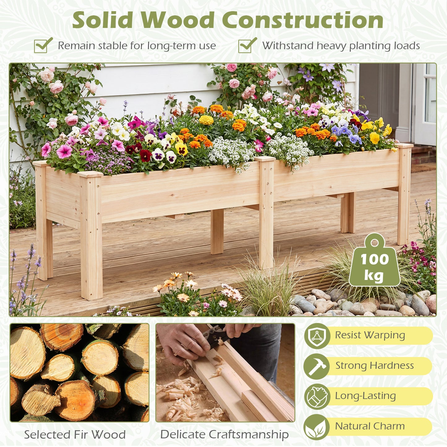 240 x 43.5 CM Fir Wood Raised Garden Bed with Legs Elevated Planter Box with Drainage Holes-Natural