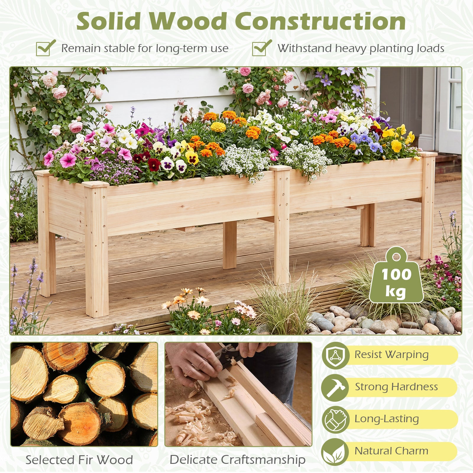 240 x 43.5 CM Fir Wood Raised Garden Bed with Legs Elevated Planter Box with Drainage Holes-Natural