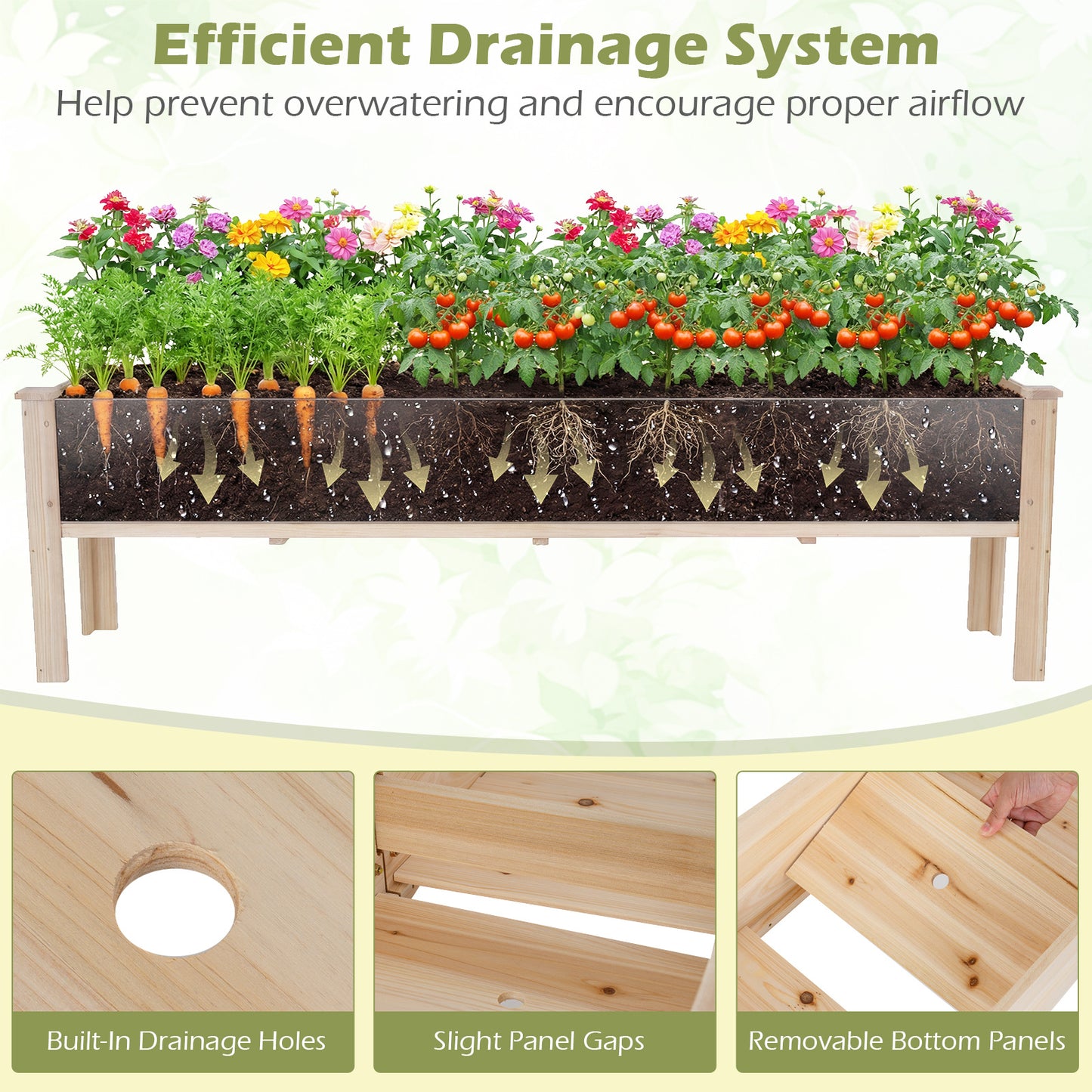 240 x 43.5 CM Fir Wood Raised Garden Bed with Legs Elevated Planter Box with Drainage Holes-Natural