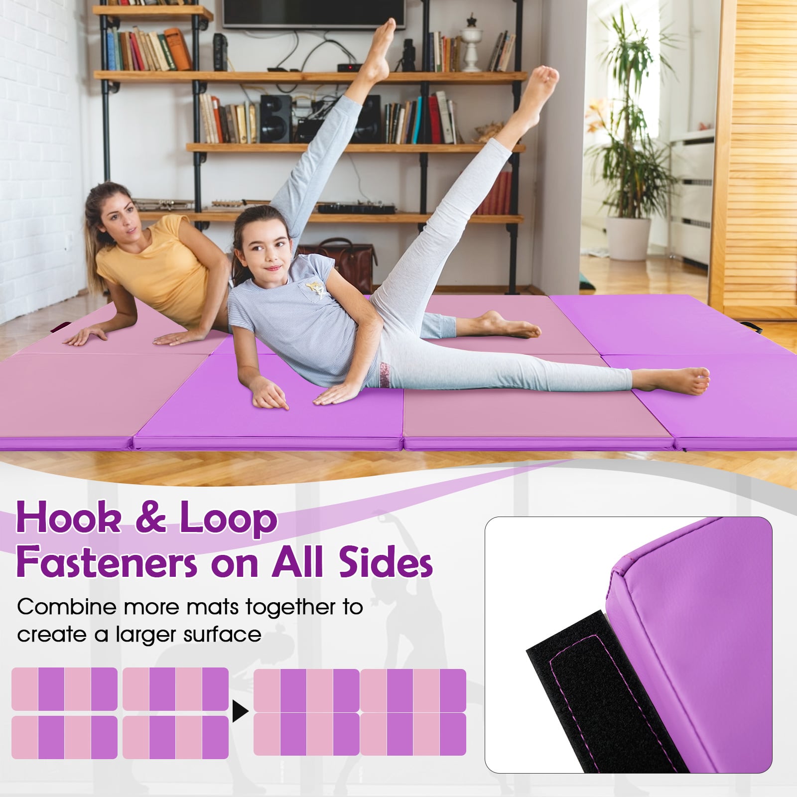 240 x 116 x 5 cm Folding Soft Floor Mat with Carry Handles and Hook & Loop Fasteners-Pink & Purple
