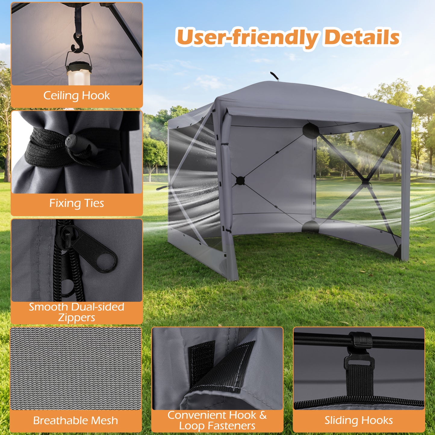 240x240cm Pop up Gazebo Tent with Zippered Door and Privacy Cloths for Camping-Grey