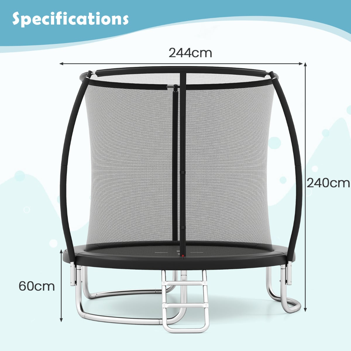 244 cm Trampoline with Safety Enclosure Net and Ladder-Black