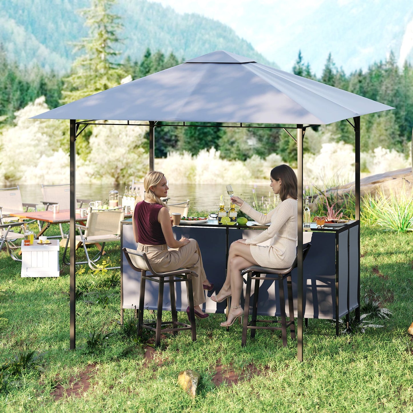 245 x 245 cm 3-Piece Patio Bar Set Grill Gazebo with Bar Stools and Table-Grey