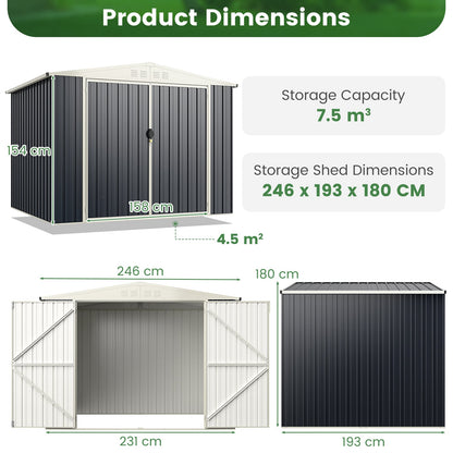 246 x 193 CM Metal Outdoor Storage Shed with Snap-on Structures-Grey