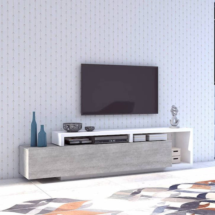 Modern TV stand with a television mounted on a wall with decorative elements.