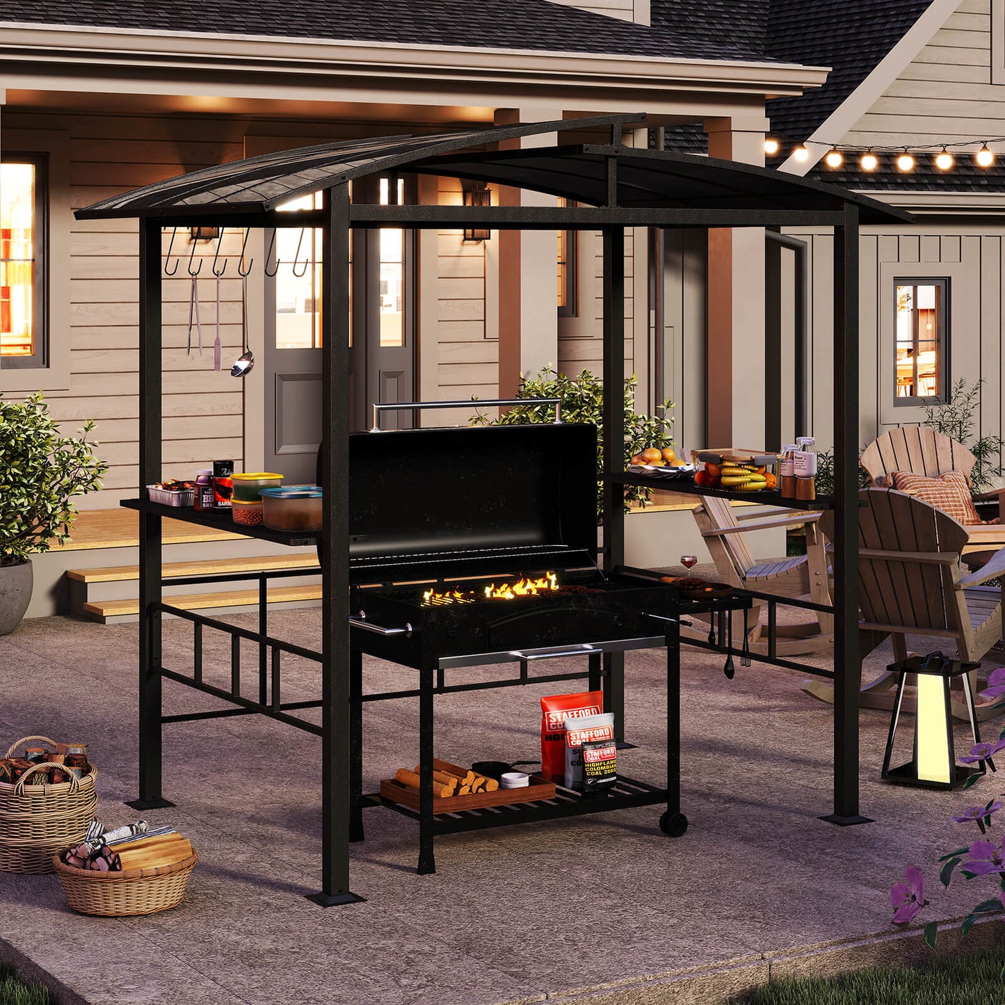 248 x 150 cm Hardtop Grill Gazebo with Vented Roof and Side Shelves-Black
