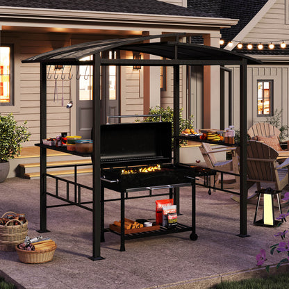 248 x 150 cm Hardtop Grill Gazebo with Vented Roof and Side Shelves-Black