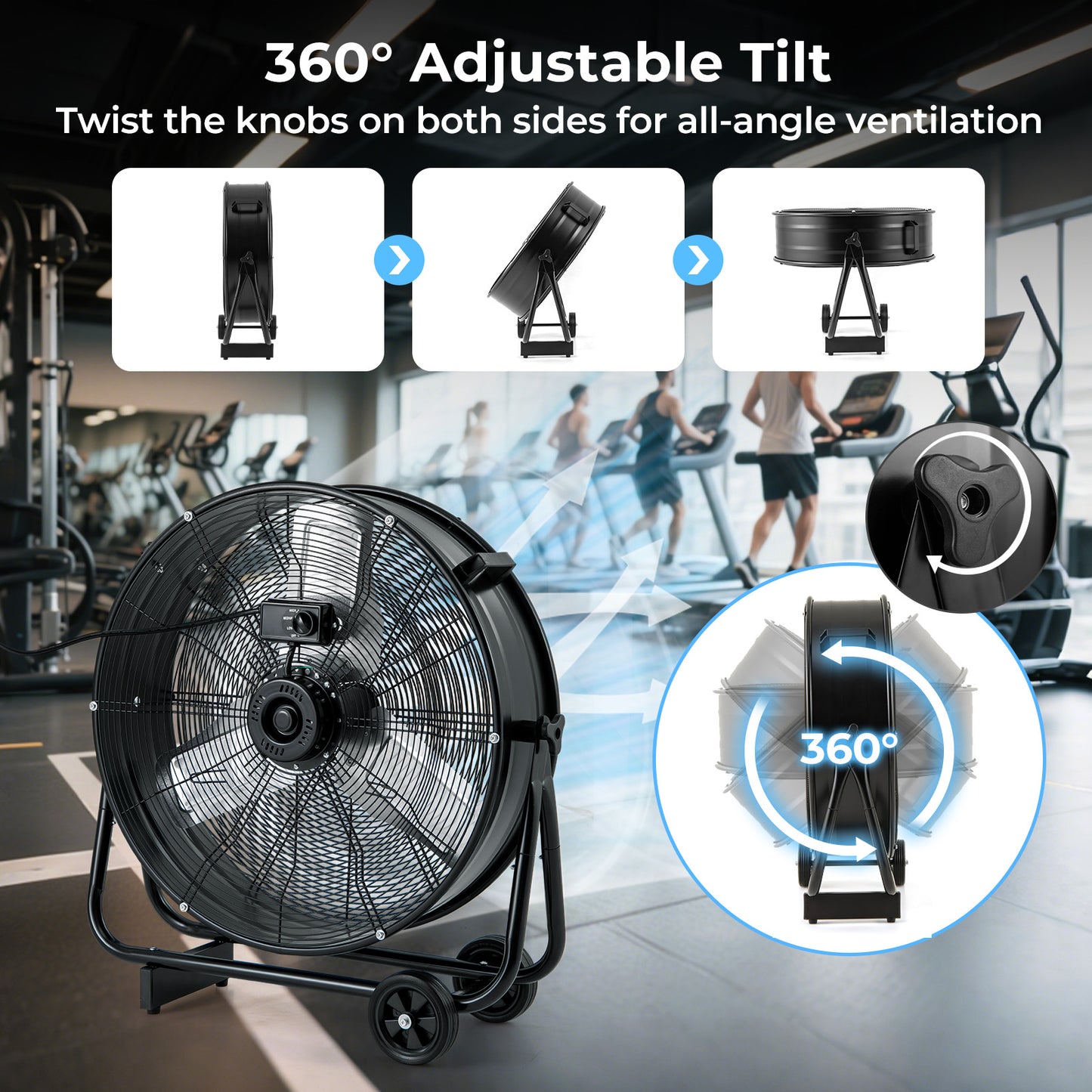 24 Inch Industrial Drum Fan with 360° Adjustable Tilt and 2 Wheels-Black