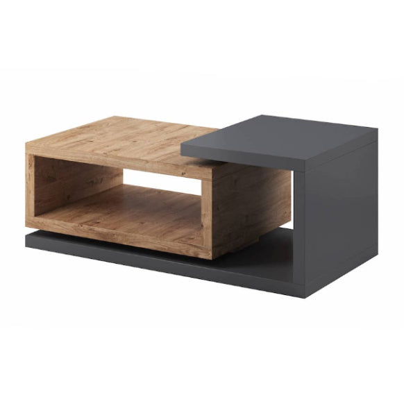 Two-toned coffee table with wooden top and dark gray base on a white background