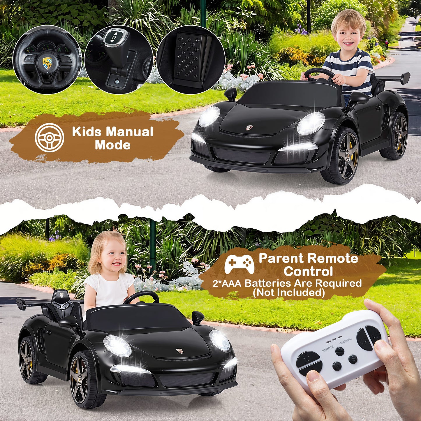 24V Battery Powered Electric Vehicle with Parent Remote Control and LED Lights-Black