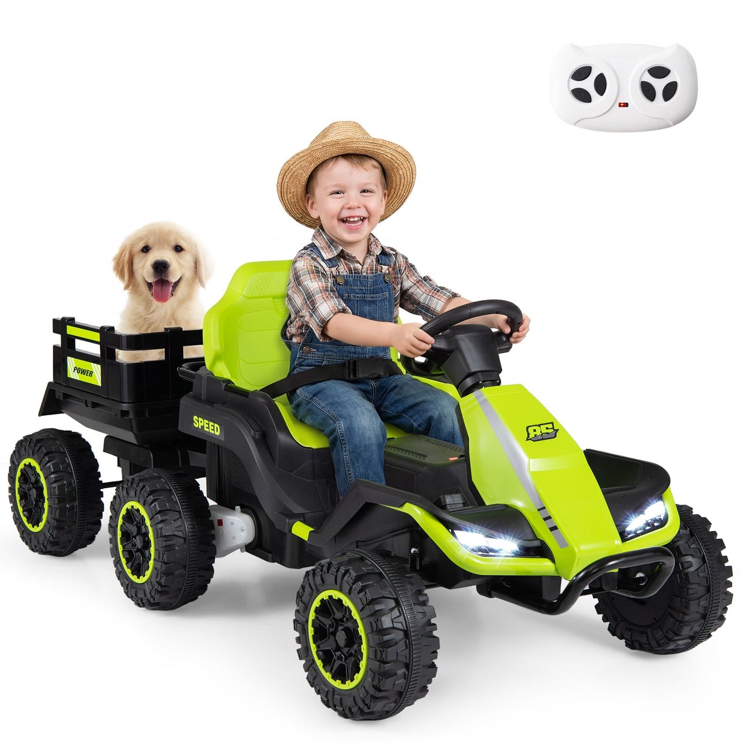 24V Kids Electric Vehicle with Parent Remote and Detachable Trailer for Boys Girls Aged 3+-Green