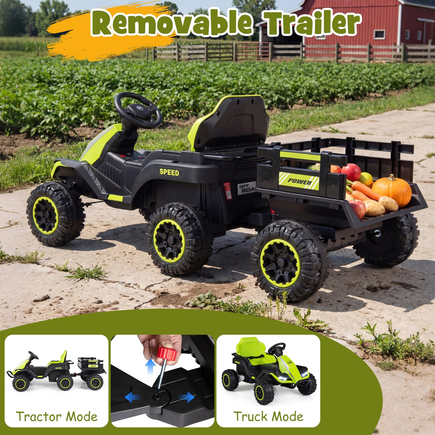 24V Kids Electric Vehicle with Parent Remote and Detachable Trailer for Boys Girls Aged 3+-Green