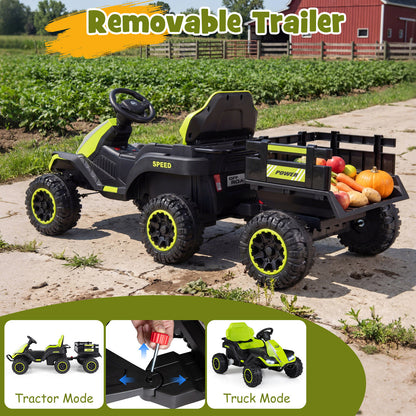 24V Kids Electric Vehicle with Parent Remote and Detachable Trailer for Boys Girls Aged 3+-Green