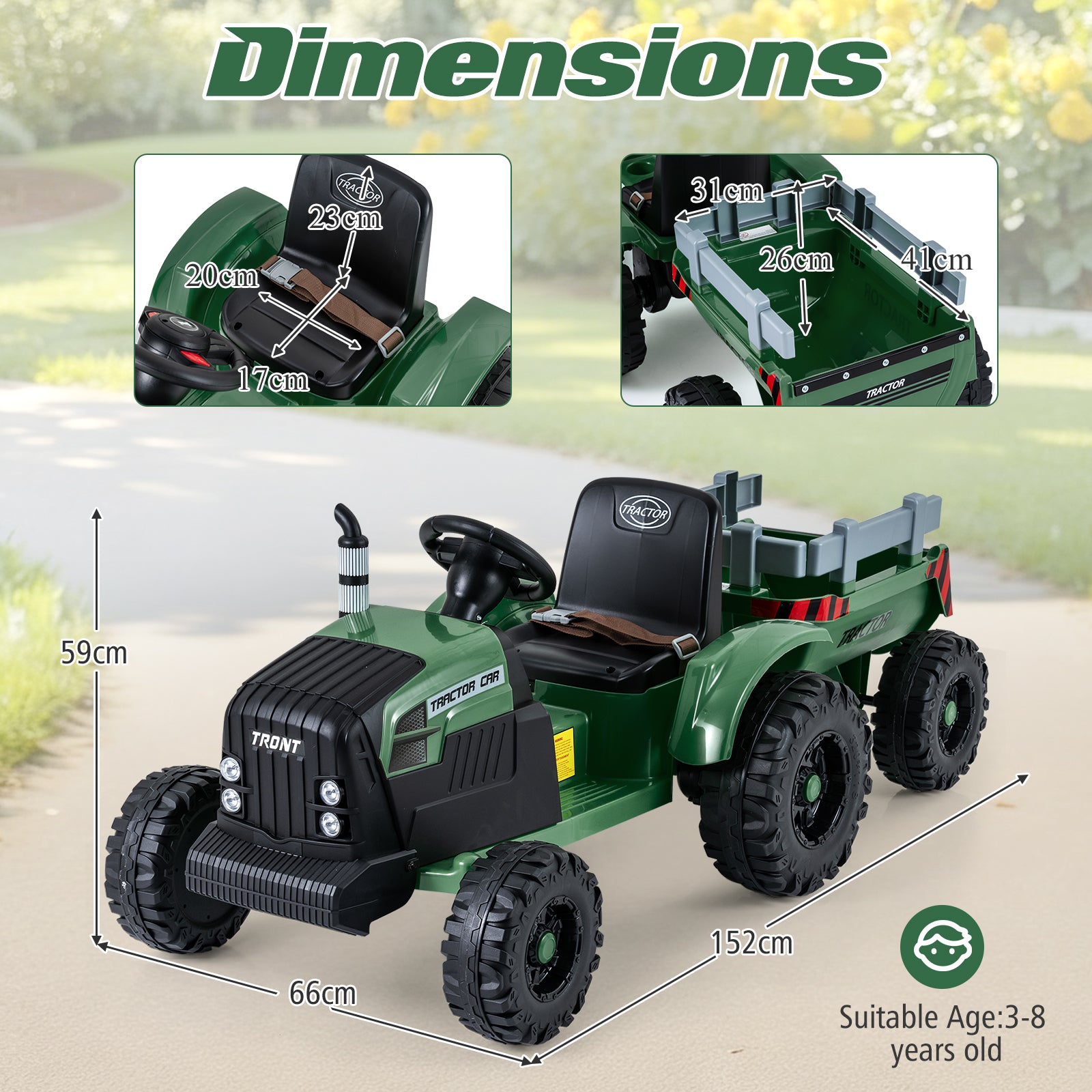 24V Ride On Tractor with Detachable Trailer for Kids-Dark Green
