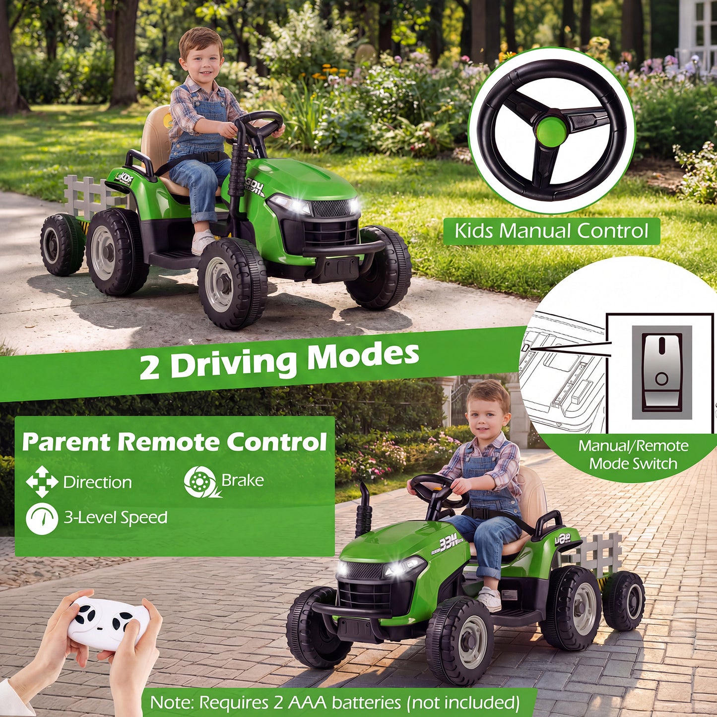 24V Ride on Tractor with Tiltable and Detachable Trailer Battery Powered Electric Tractor-Green