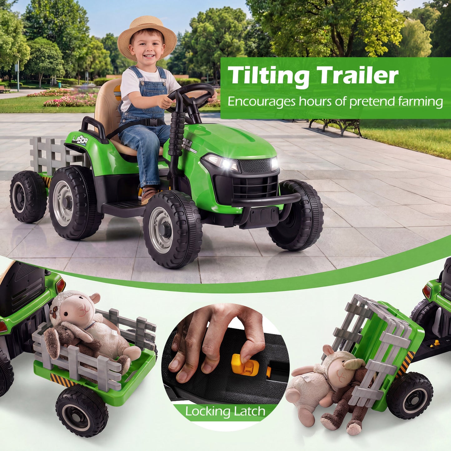 24V Ride on Tractor with Tiltable and Detachable Trailer Battery Powered Electric Tractor-Green