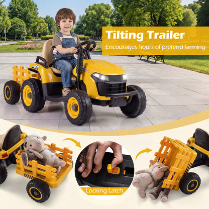 24V Ride on Tractor with Tiltable and Detachable Trailer Battery Powered Electric Tractor-Yellow