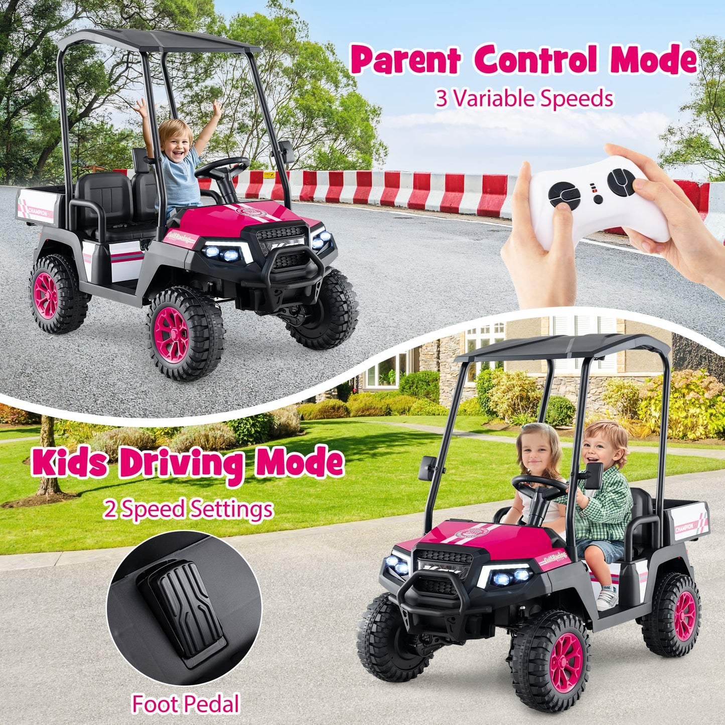 24V Kids Golf Cart 4WD 2 Seater Ride on Car with Dump Bed-Pink