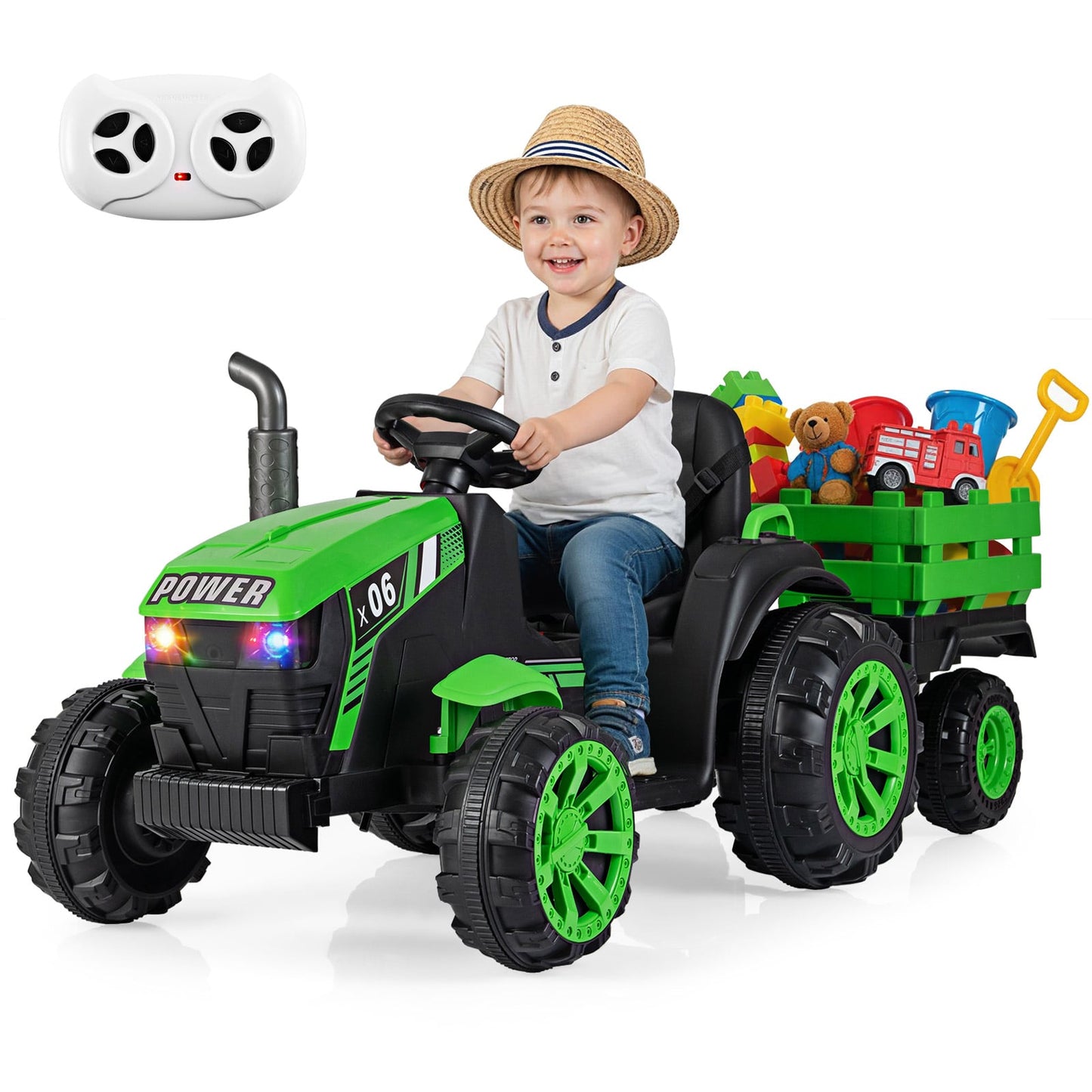 24V Ride On Tractor with RGB LED Headlights and Parent Remote Control-Light Green