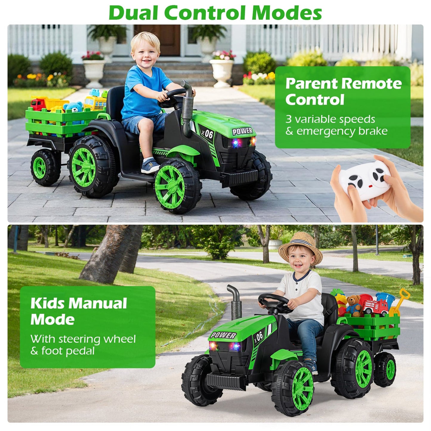 24V Ride On Tractor with RGB LED Headlights and Parent Remote Control-Light Green
