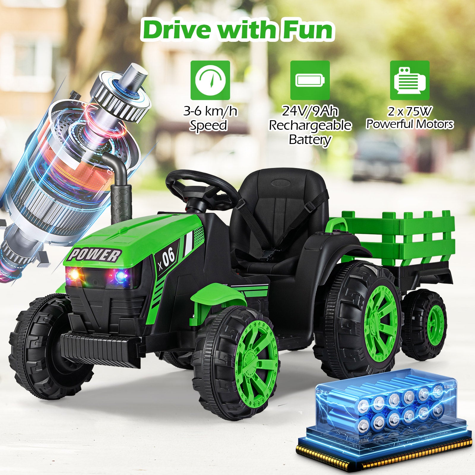 24V Ride On Tractor with RGB LED Headlights and Parent Remote Control-Light Green