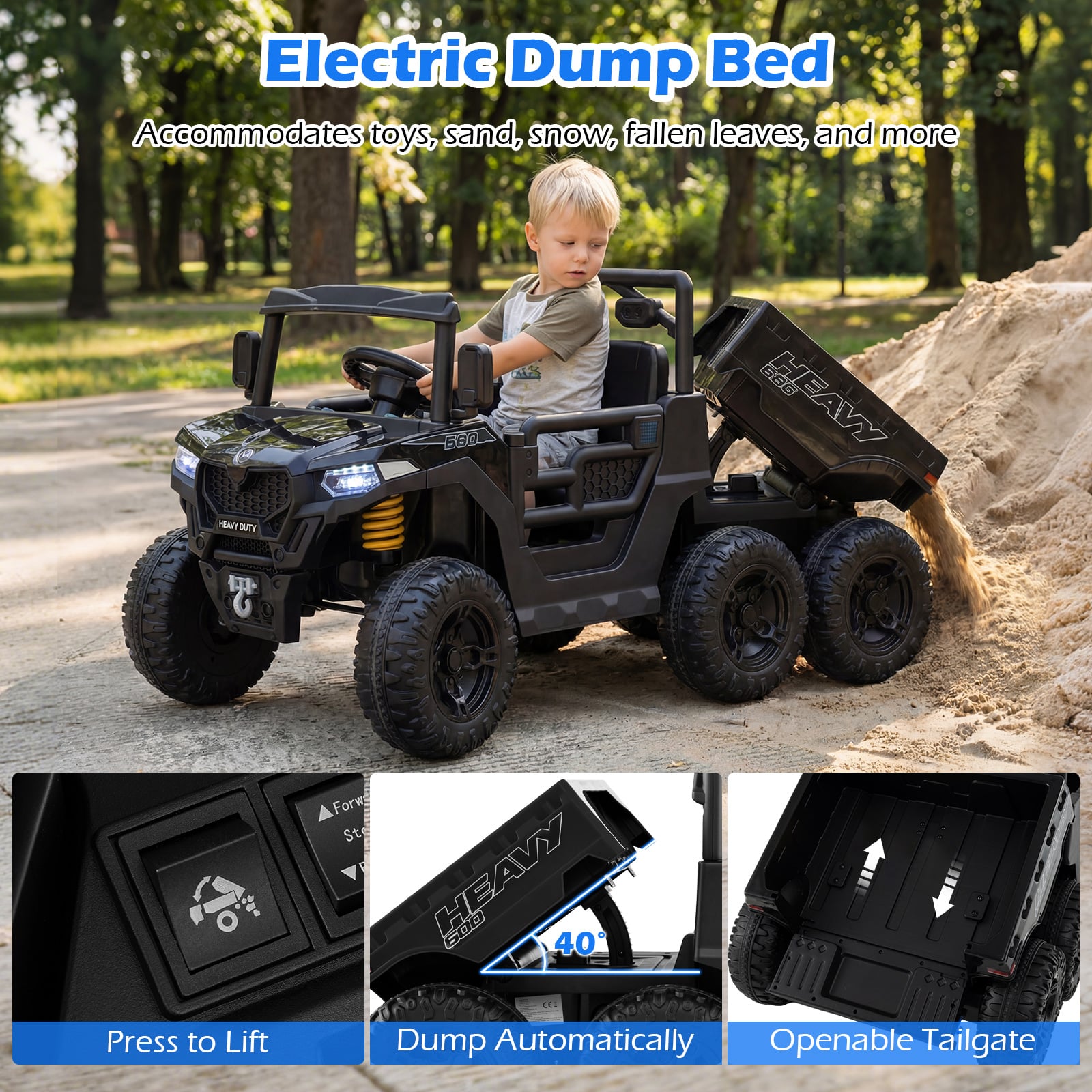 24V Ride on Dump Truck with Electric Dump Bed 4WD with Remote and Music-Black