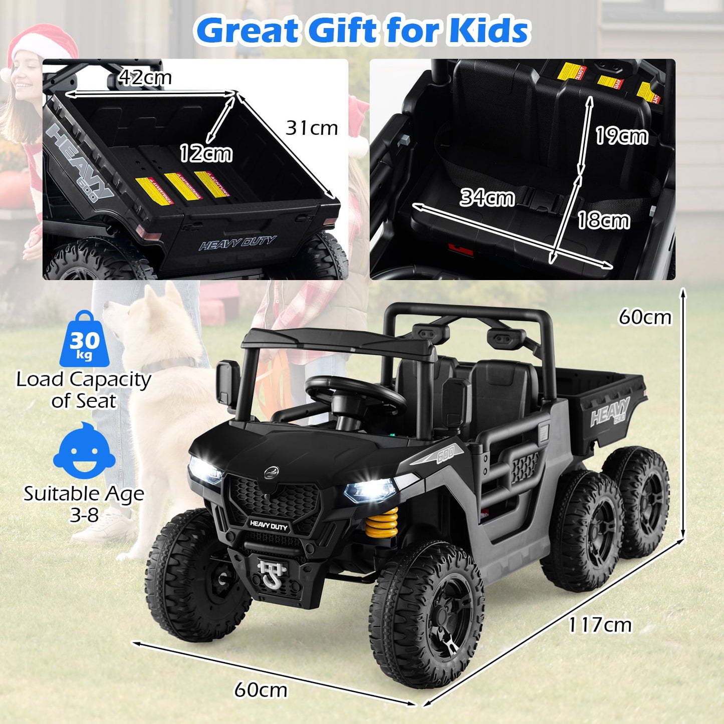 24V Ride on Dump Truck with Electric Dump Bed 4WD with Remote and Music-Black
