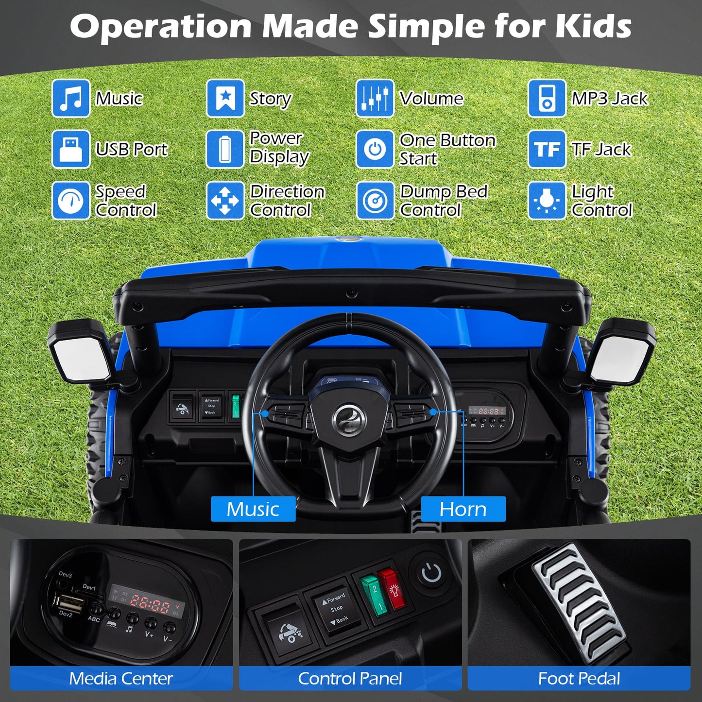 24V Ride on Dump Truck with Electric Dump Bed 4WD with Remote and Music-Blue