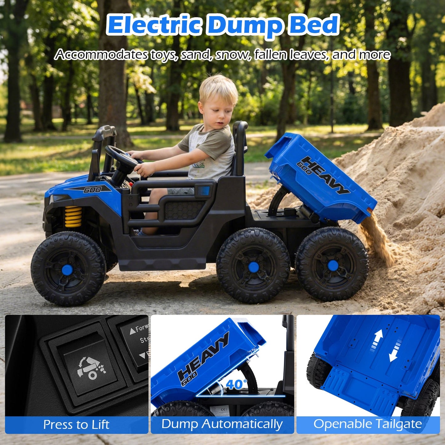 24V Ride on Dump Truck with Electric Dump Bed 4WD with Remote and Music-Blue