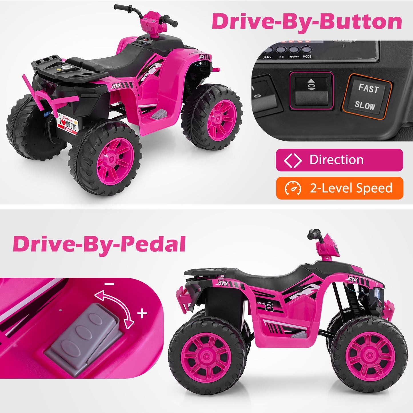 24V Ride-On ATV Toy Car with LED Lights and Wireless Connection-Pink