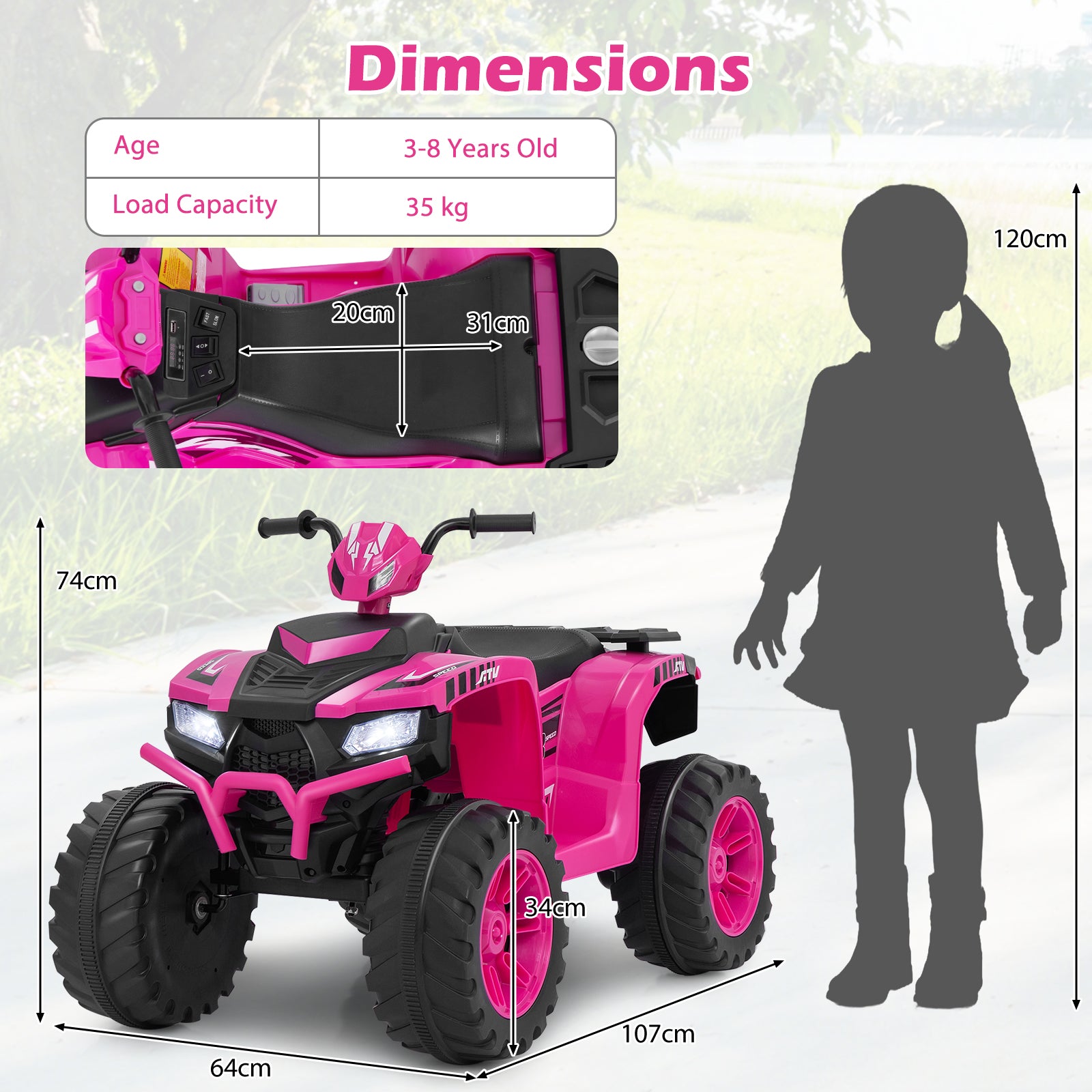 24V Ride-On ATV Toy Car with LED Lights and Wireless Connection-Pink