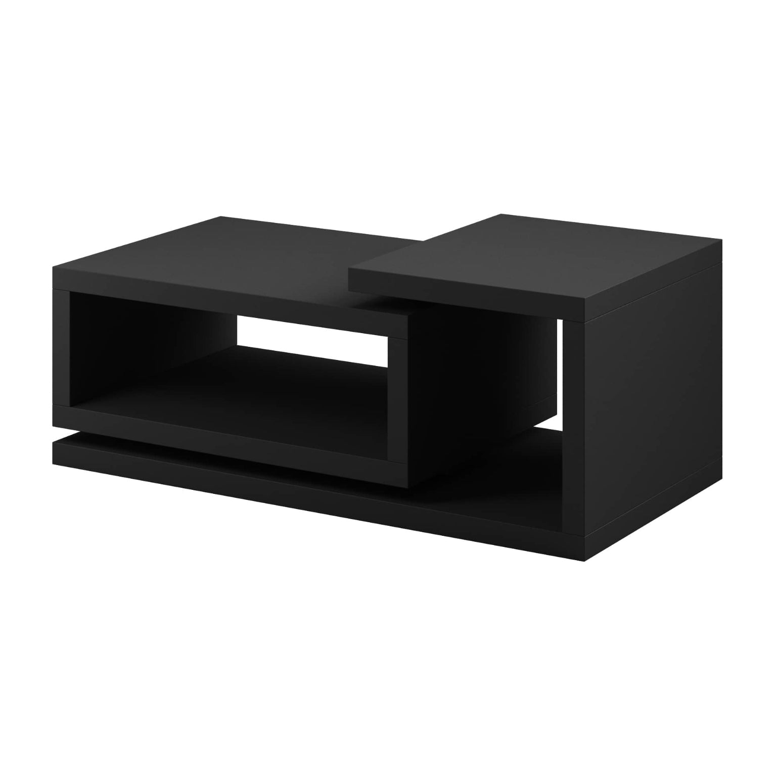Black L-shaped table on a white background