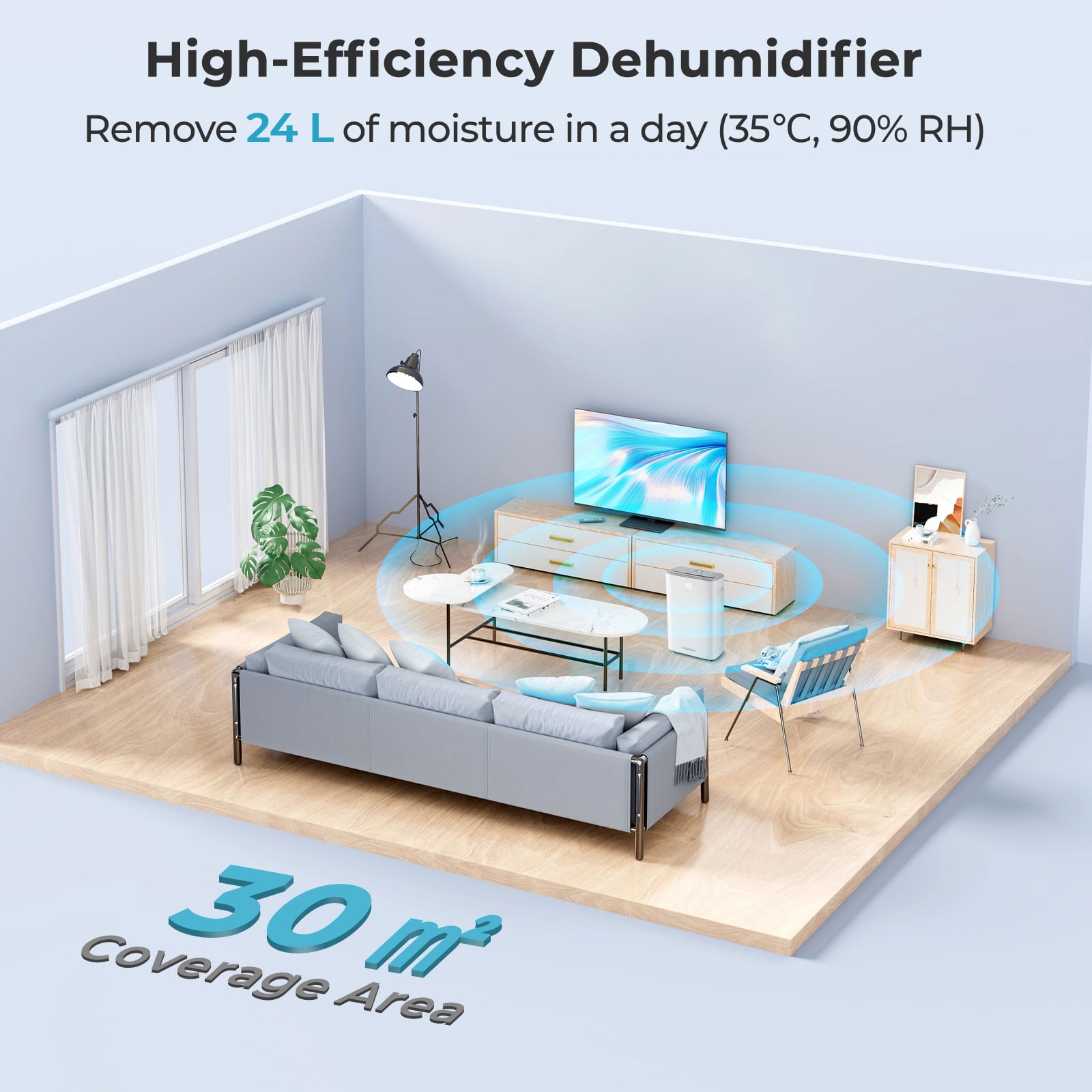 24 L Energy Efficient Dehumidifier with Auto Drain or Manual Drainage-White