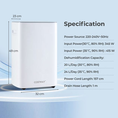24 L Energy Efficient Dehumidifier with Auto Drain or Manual Drainage-White