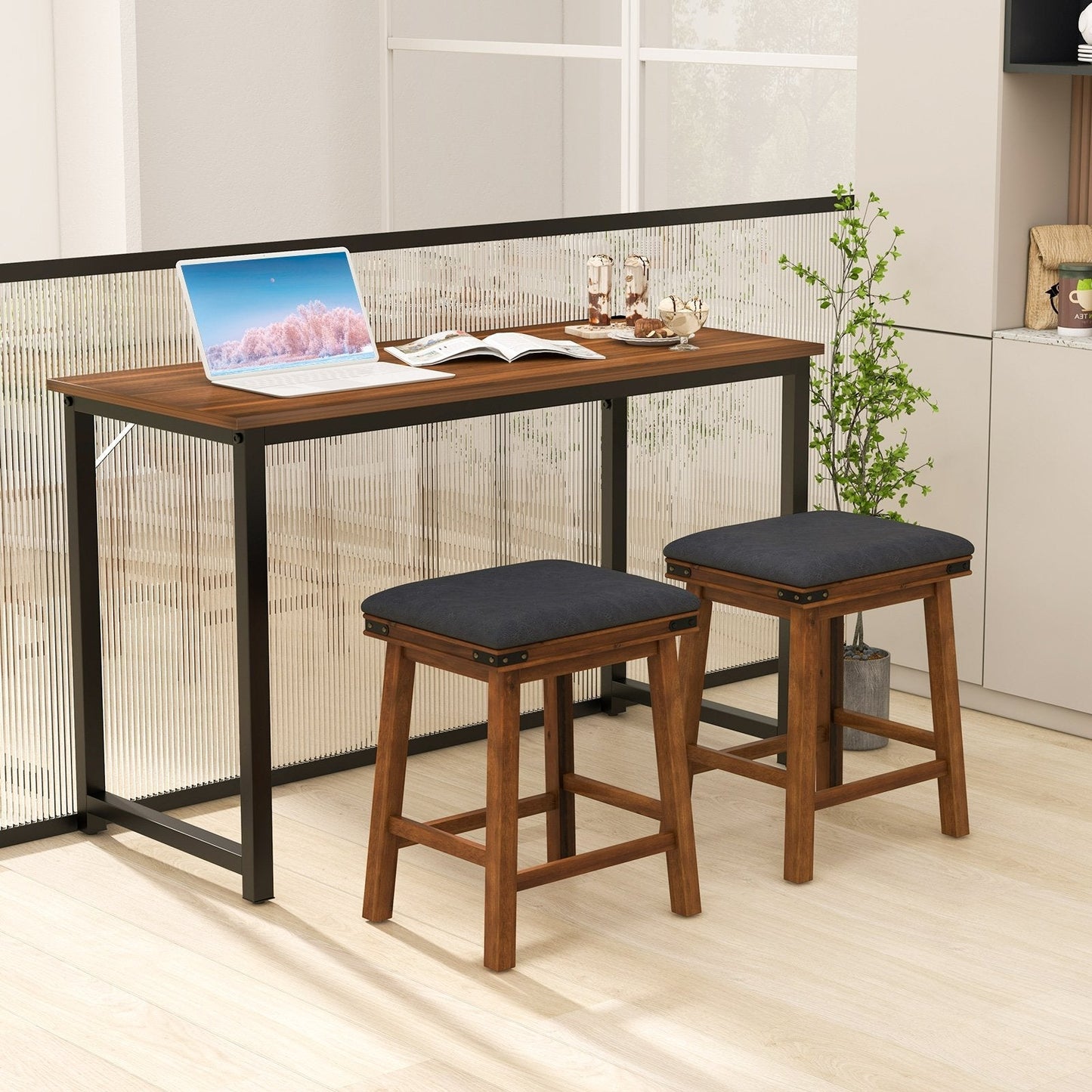 Upholstered Backless Bar Stools Set of 2 with PU Leather Padded Seat-Brown