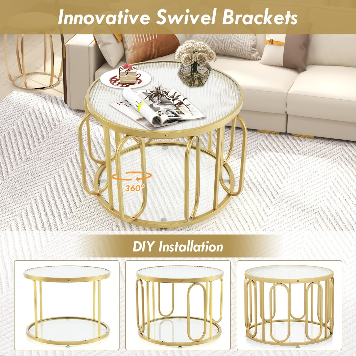24 Inch Round Coffee Table with Reeded Tempered Glass Top-Golden