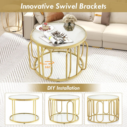 24 Inch Round Coffee Table with Reeded Tempered Glass Top-Golden