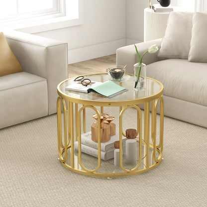 24 Inch Round Coffee Table with Reeded Tempered Glass Top-Golden