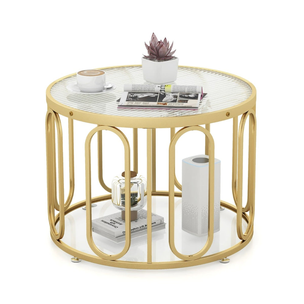 24 Inch Round Coffee Table with Reeded Tempered Glass Top-Golden